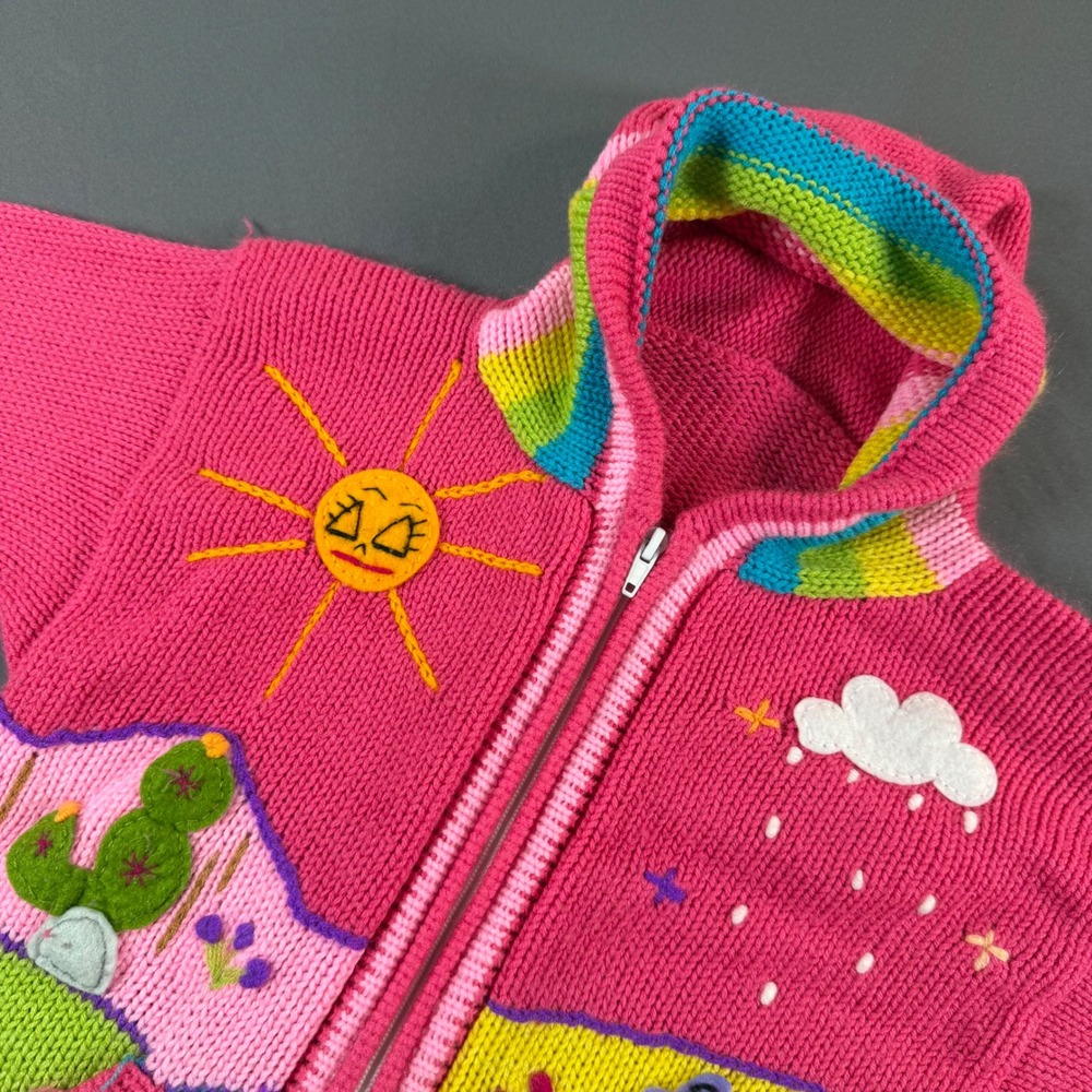 Vintage Peruvian Knit Kids Hooded Sweater Pink Rainbow Llama Sun Zip Cardigan